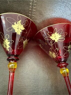 VINTAGE GLASS  2 Red MARTINI GLASSES- HOLIDAY ESSENCE - MADE IN ROMANIA